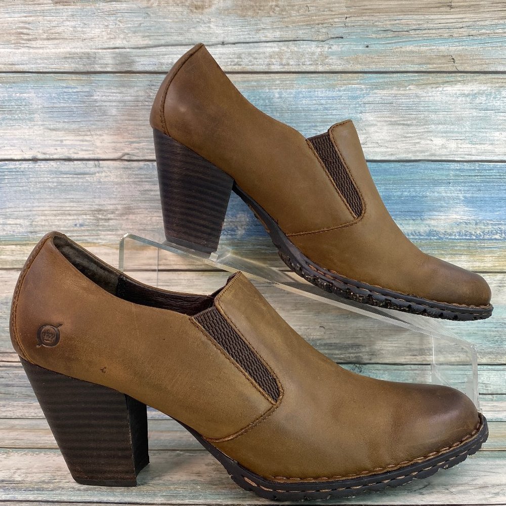 Born Brown Leather Block Heel Slip On Ankle Booties